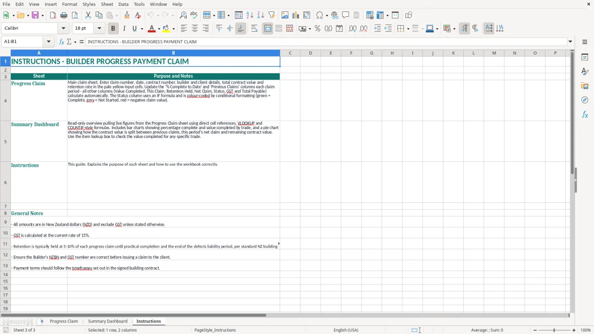 Screenshot 3: Instructions tab - Excel template builder progress payment claim excel spreadsheet nz