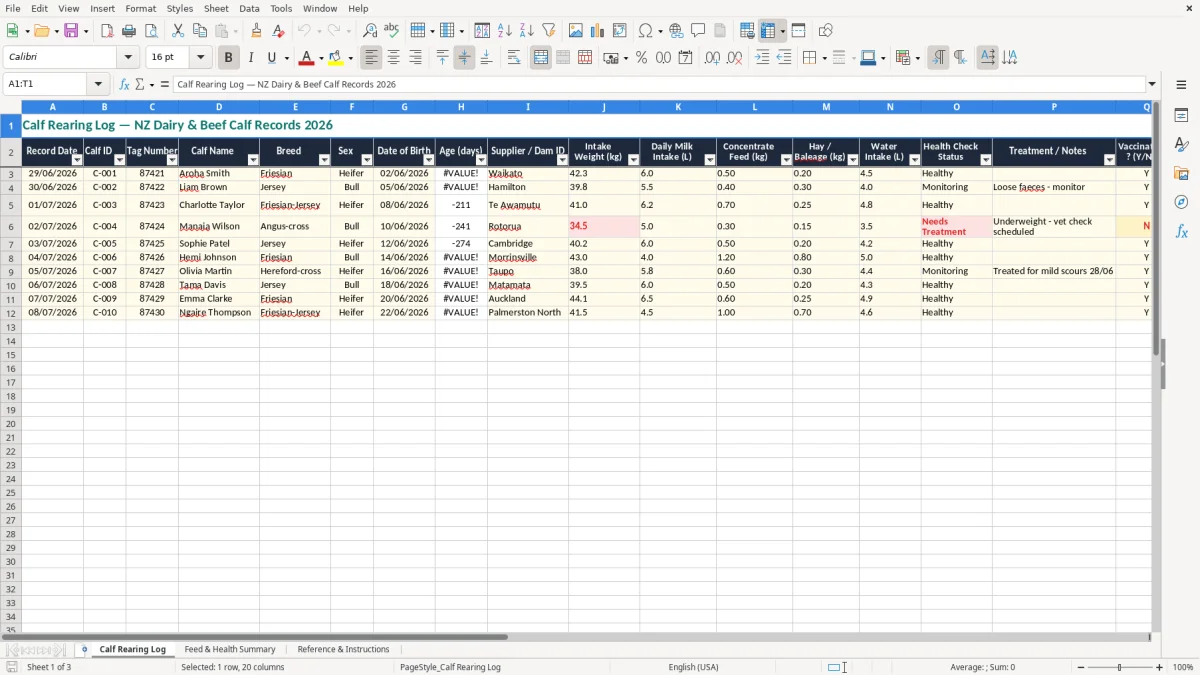 Screenshot 1: Calf Rearing Log tab - Excel template calf rearing record excel spreadsheet nz