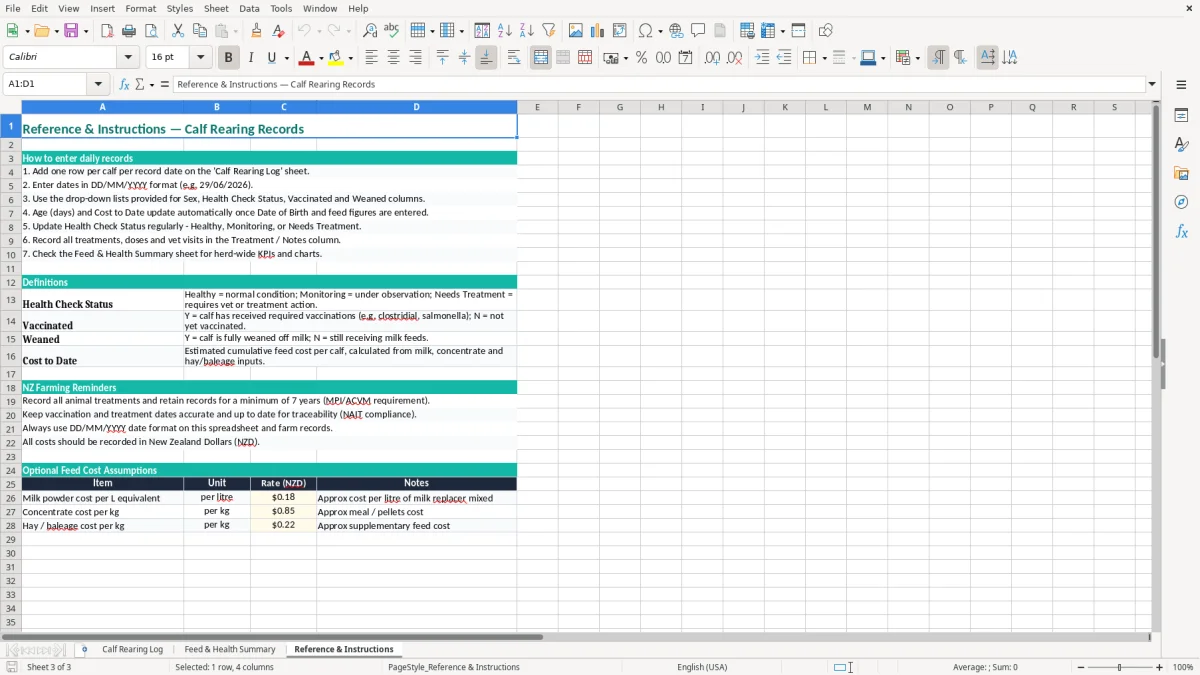 Screenshot 3: Reference & Instructions tab - Excel template calf rearing record excel spreadsheet nz