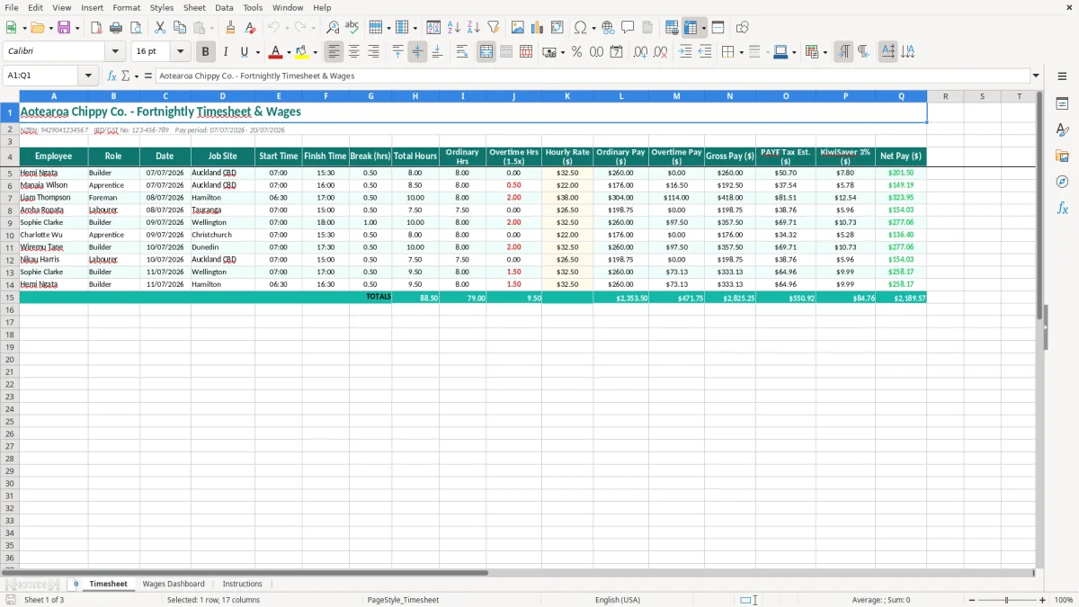 Screenshot 1: Timesheet tab - Excel template chippy timesheet and wages excel template nz