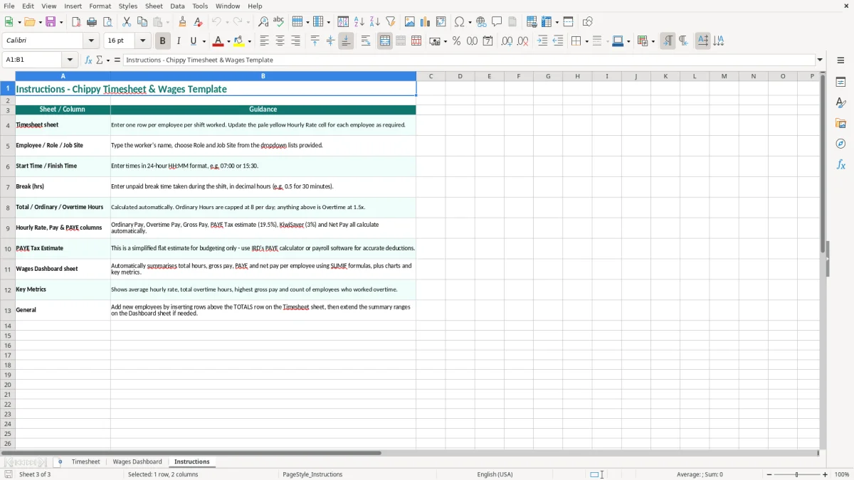 Screenshot 3: Instructions tab - Excel template chippy timesheet and wages excel template nz