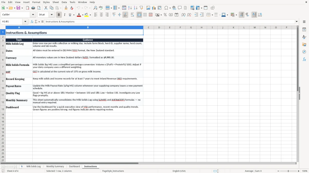 Screenshot 4: Instructions tab - Excel template dairy farm milk solids tracker excel template nz