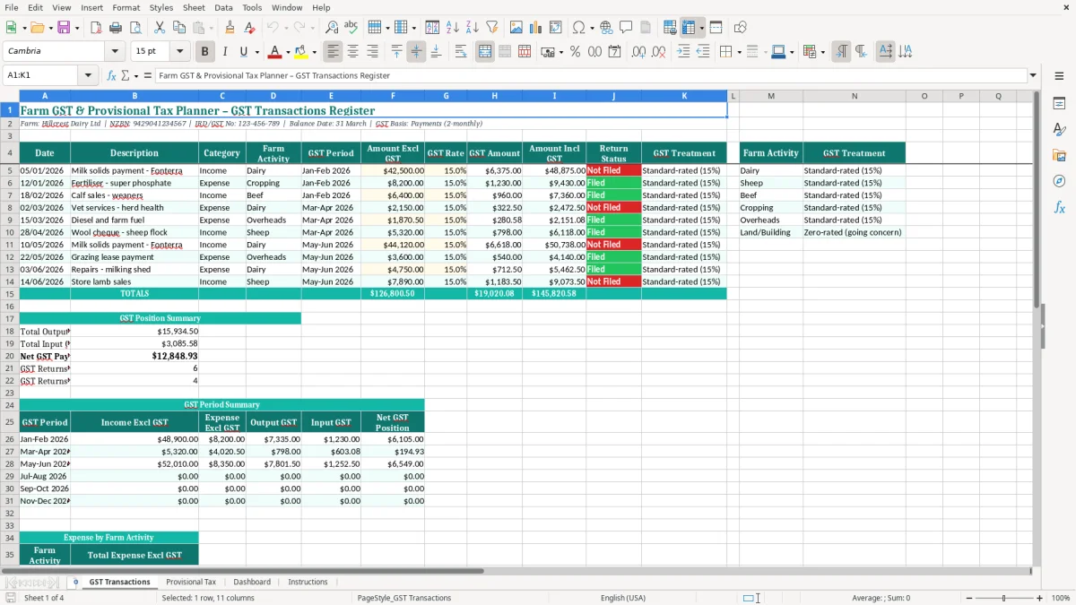 Screenshot 1: GST Transactions tab - Excel template farm gst and provisional tax planner excel template nz