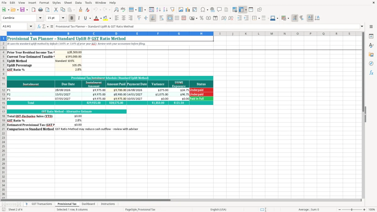 Screenshot 2: Provisional Tax tab - Excel template farm gst and provisional tax planner excel template nz