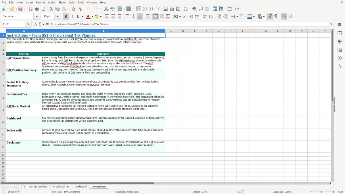 Screenshot 4: Instructions tab - Excel template farm gst and provisional tax planner excel template nz