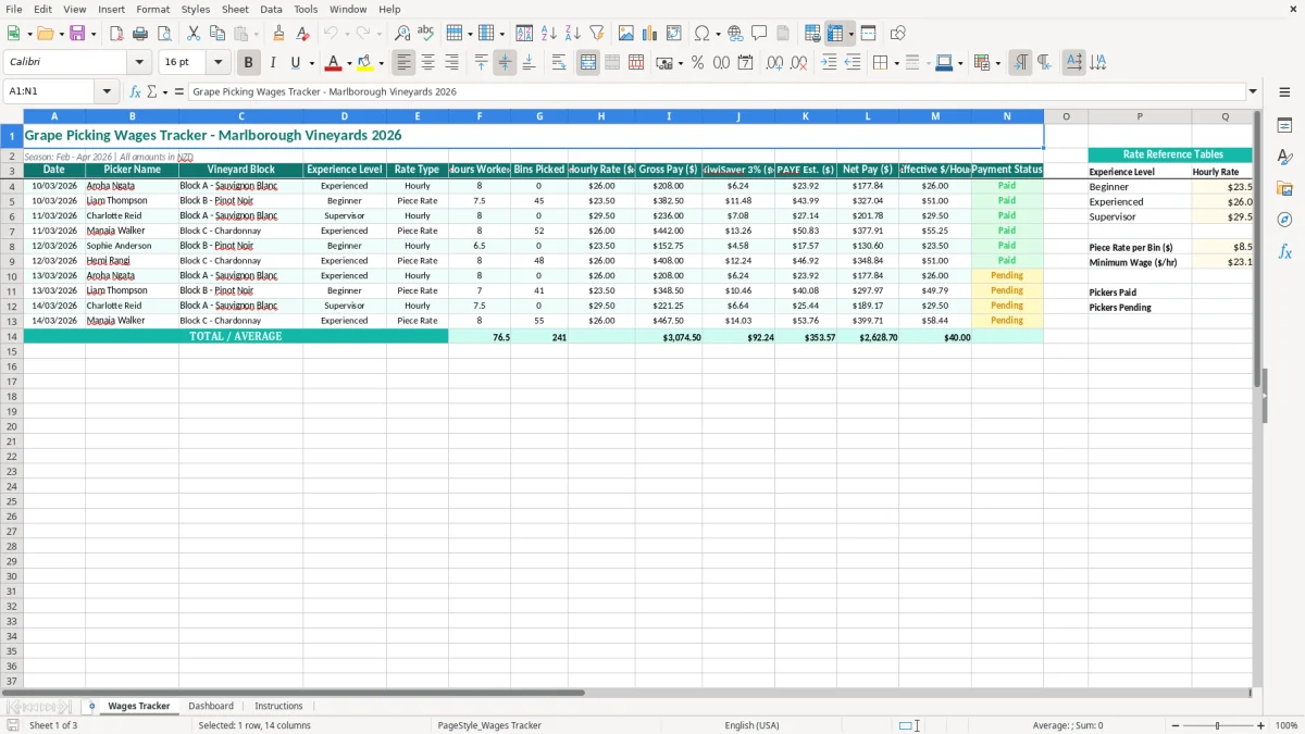 Screenshot 1: Wages Tracker tab - Excel template grape picking wages tracker excel template nz