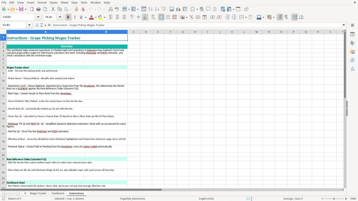 Screenshot 3: Instructions tab - Excel template grape picking wages tracker excel template nz