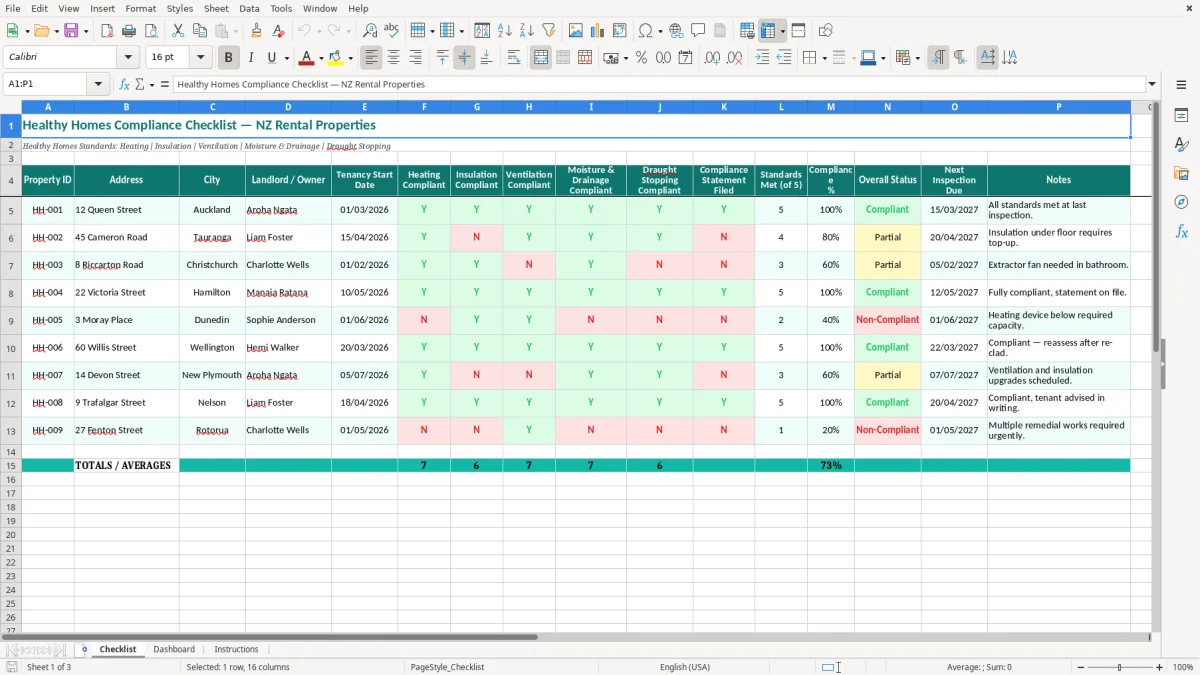 Screenshot 1: Checklist tab - Excel template healthy homes compliance checklist excel template nz