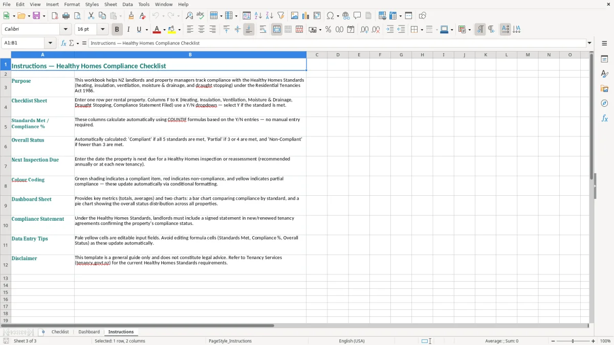 Screenshot 3: Instructions tab - Excel template healthy homes compliance checklist excel template nz