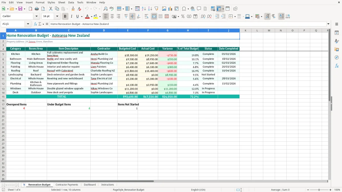 Screenshot 1: Renovation Budget tab - Excel template home renovation budget excel spreadsheet nz