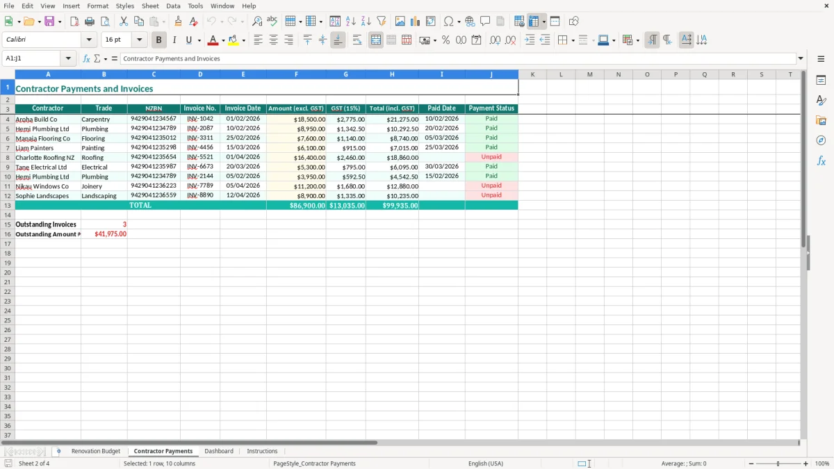 Screenshot 2: Contractor Payments tab - Excel template home renovation budget excel spreadsheet nz