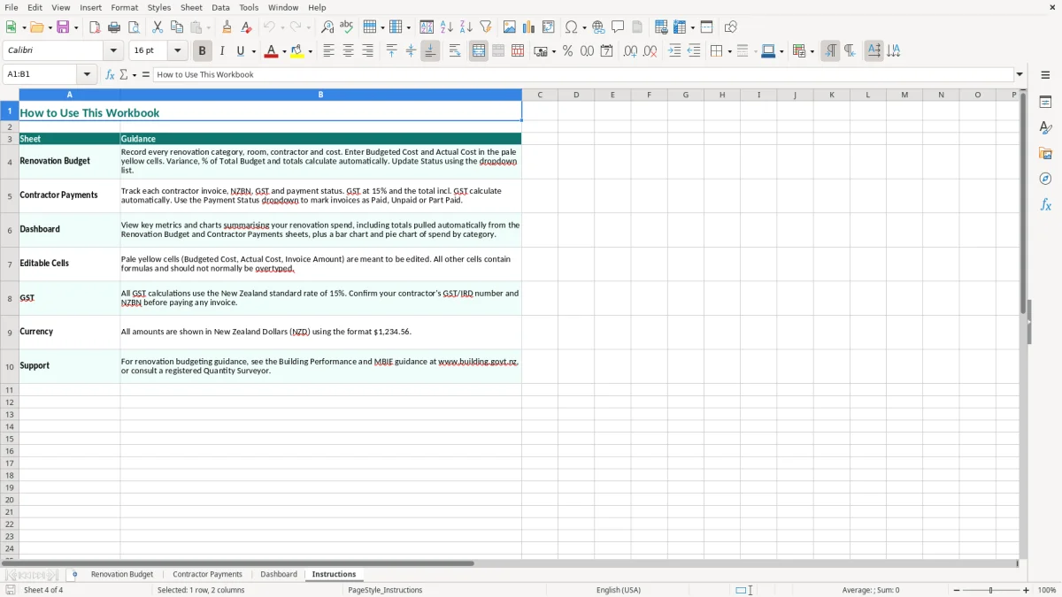Screenshot 4: Instructions tab - Excel template home renovation budget excel spreadsheet nz