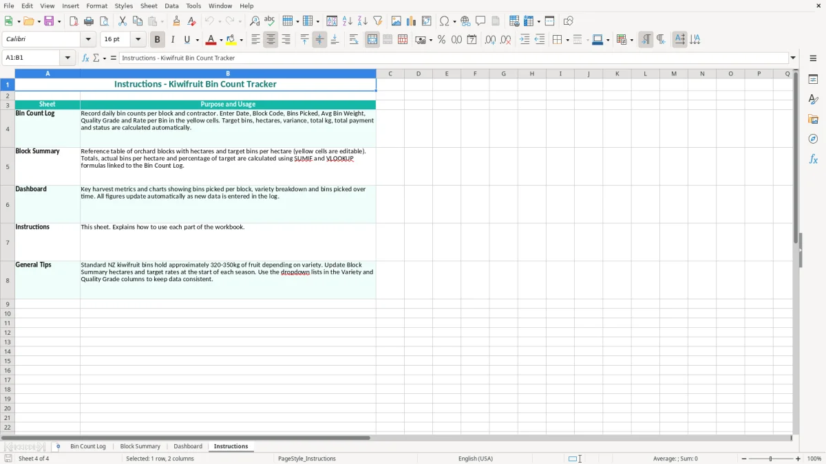 Screenshot 4: Instructions tab - Excel template kiwifruit bin count tracker excel template nz