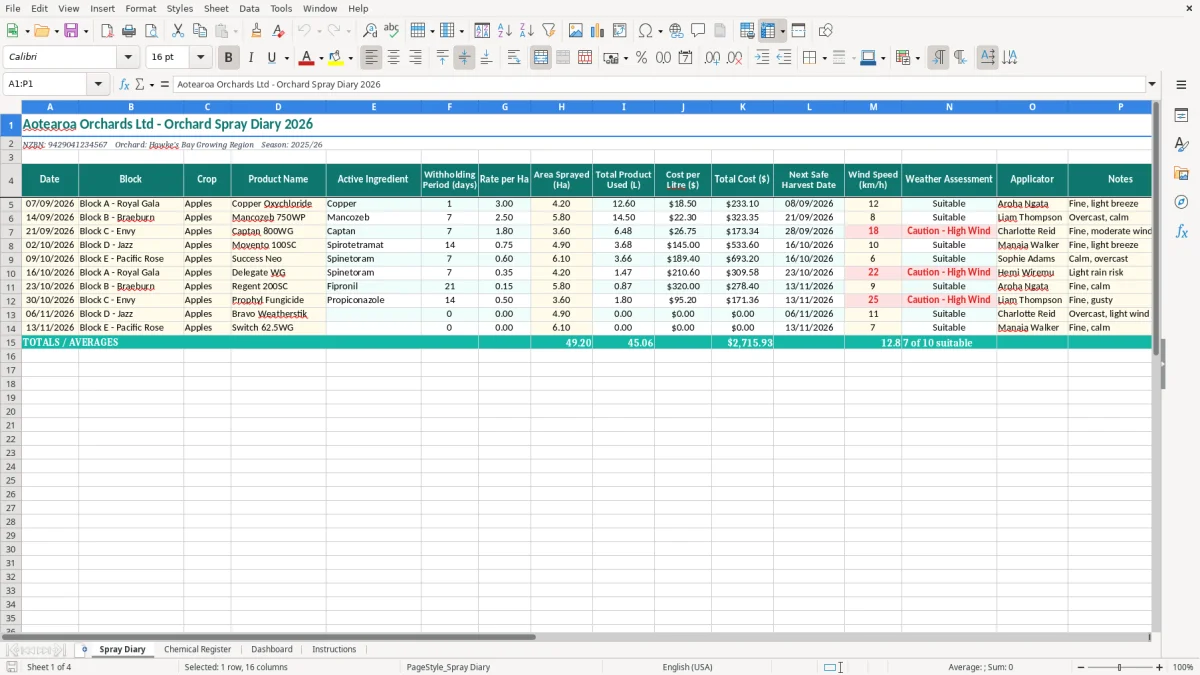 Screenshot 1: Spray Diary tab - Excel template orchard spray diary excel spreadsheet nz