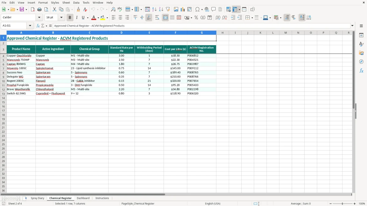 Screenshot 2: Chemical Register tab - Excel template orchard spray diary excel spreadsheet nz