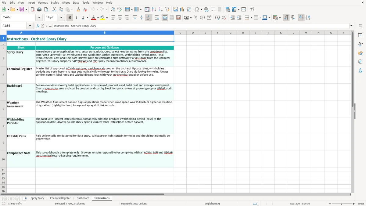 Screenshot 4: Instructions tab - Excel template orchard spray diary excel spreadsheet nz