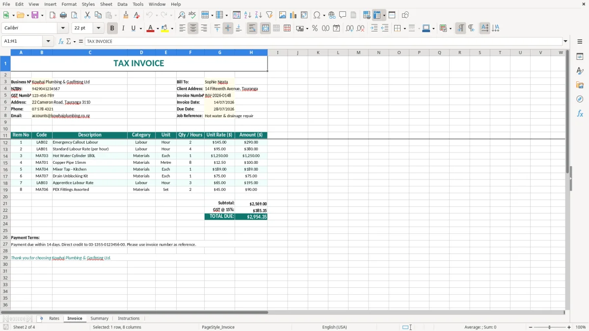 Screenshot 2: Invoice tab - Excel template plumber labour and materials invoice excel template nz