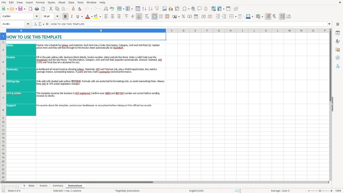 Screenshot 4: Instructions tab - Excel template plumber labour and materials invoice excel template nz