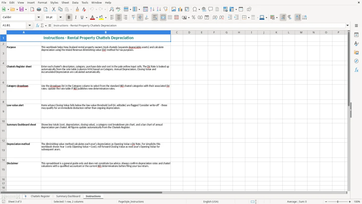 Screenshot 3: Instructions tab - Excel template rental property chattels depreciation excel spreadsheet nz