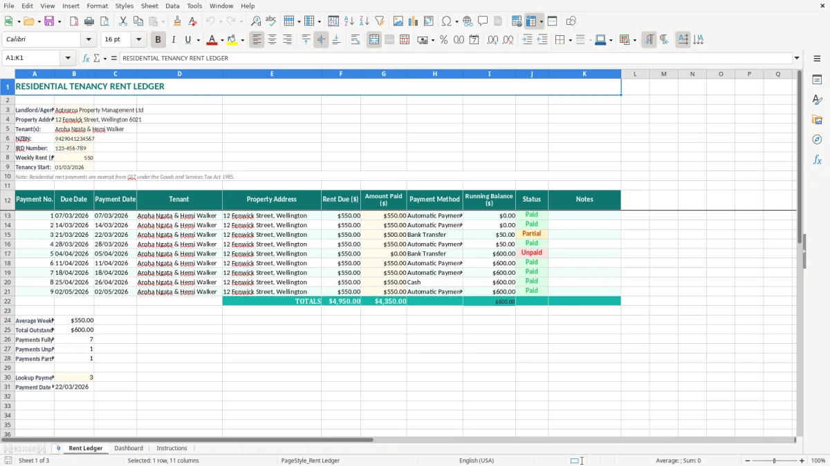 Screenshot 1: Rent Ledger tab - Excel template residential tenancy rent ledger excel template nz