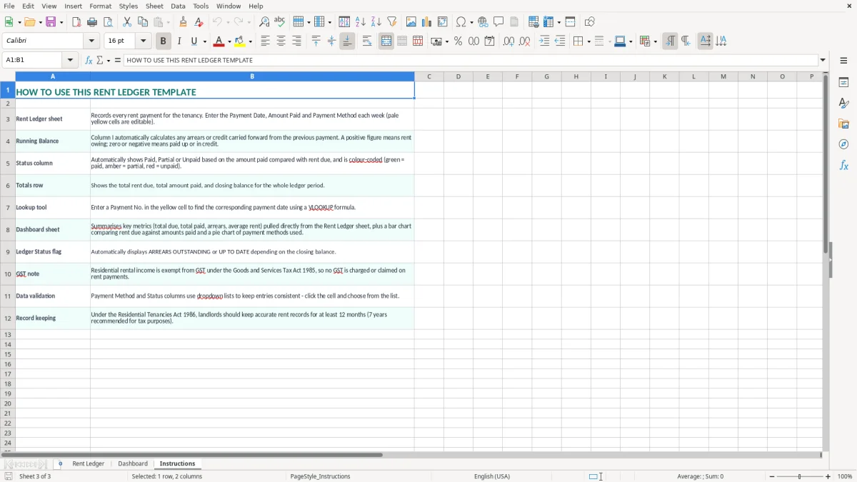 Screenshot 3: Instructions tab - Excel template residential tenancy rent ledger excel template nz