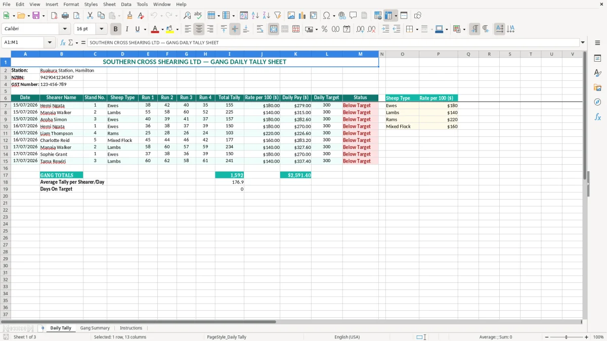 Screenshot 1: Daily Tally tab - Excel template shearing gang tally excel spreadsheet nz
