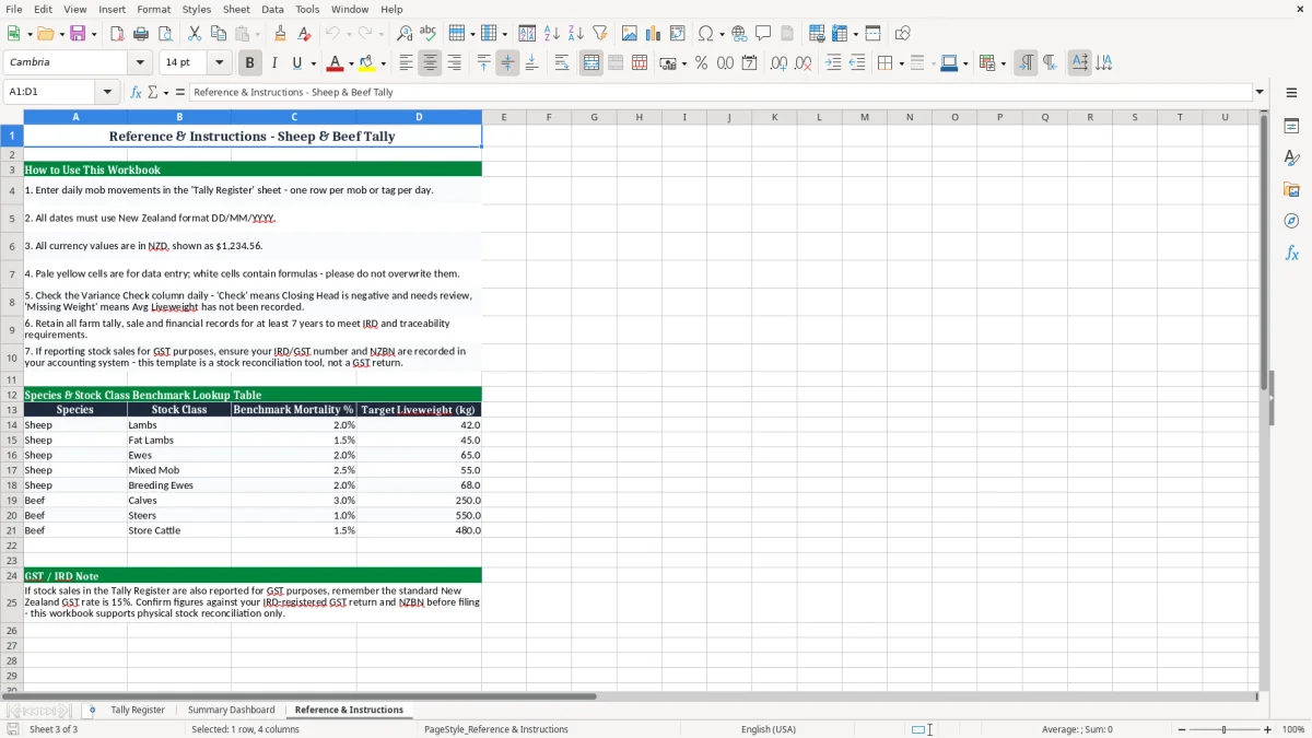 Screenshot 3: Reference & Instructions tab - Excel template sheep and beef tally excel template nz