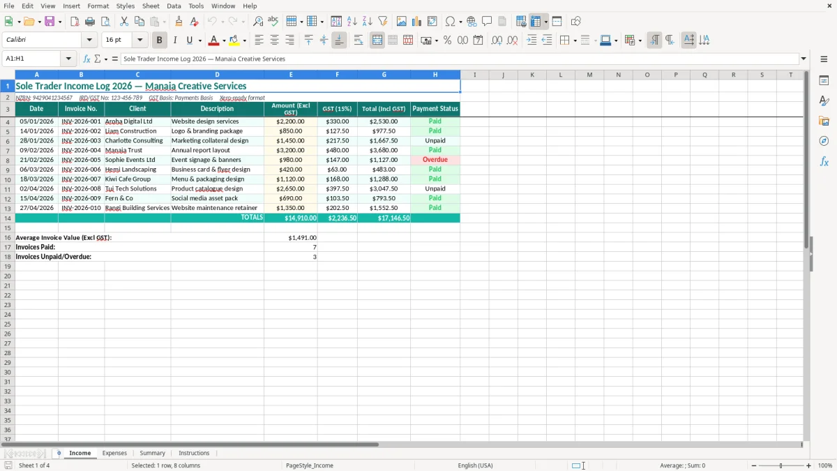 Screenshot 1: Income tab - Excel template sole trader income and expenses excel spreadsheet nz