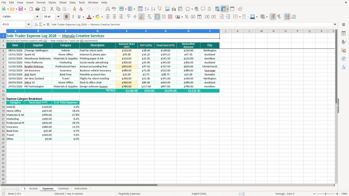 Screenshot 2: Expenses tab - Excel template sole trader income and expenses excel spreadsheet nz