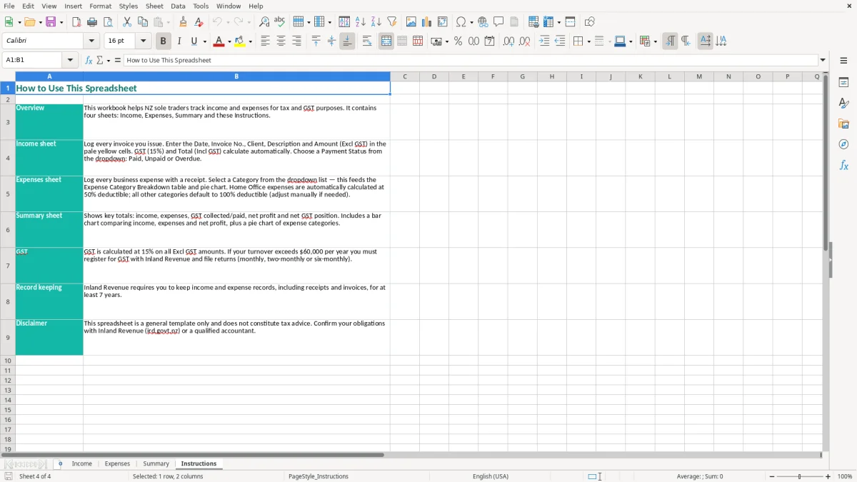 Screenshot 4: Instructions tab - Excel template sole trader income and expenses excel spreadsheet nz