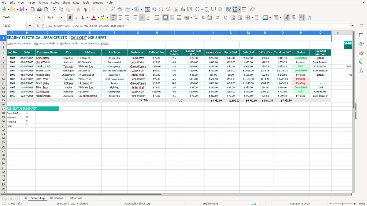 Screenshot 1: Callout Log tab - Excel template sparky electrician callout sheet excel spreadsheet nz
