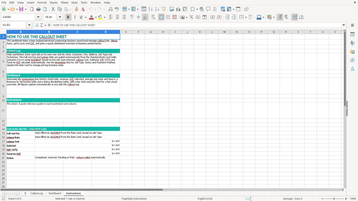 Screenshot 3: Instructions tab - Excel template sparky electrician callout sheet excel spreadsheet nz