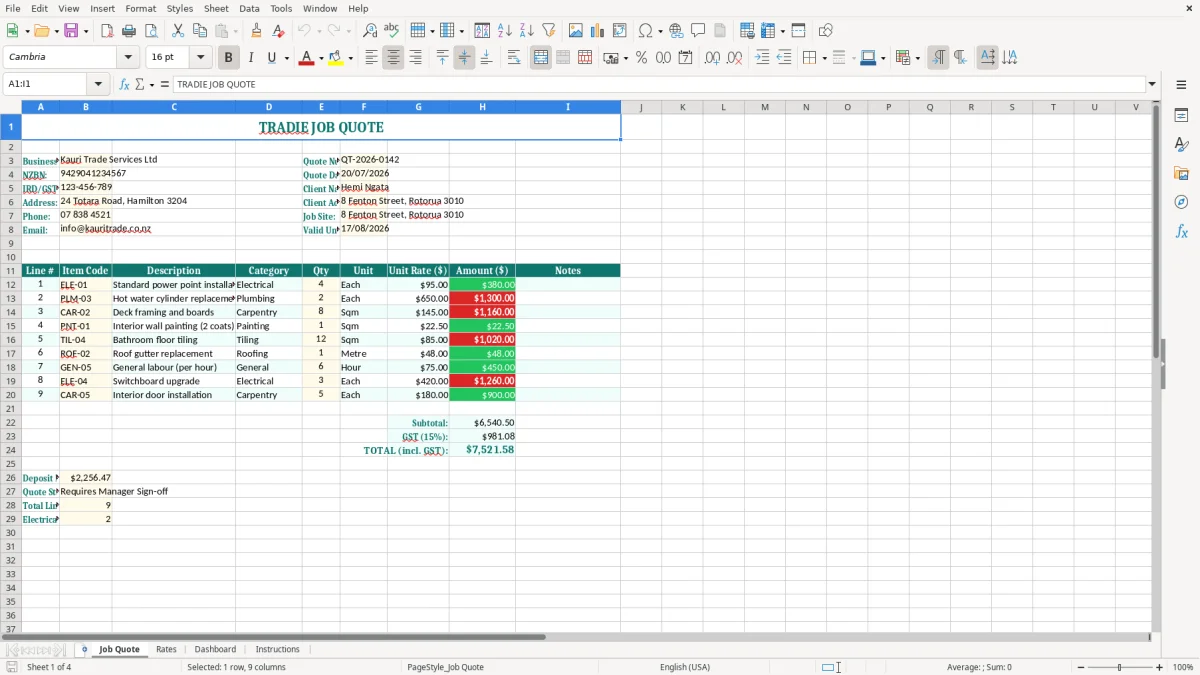 Screenshot 1: Job Quote tab - Excel template tradie job quote excel template nz