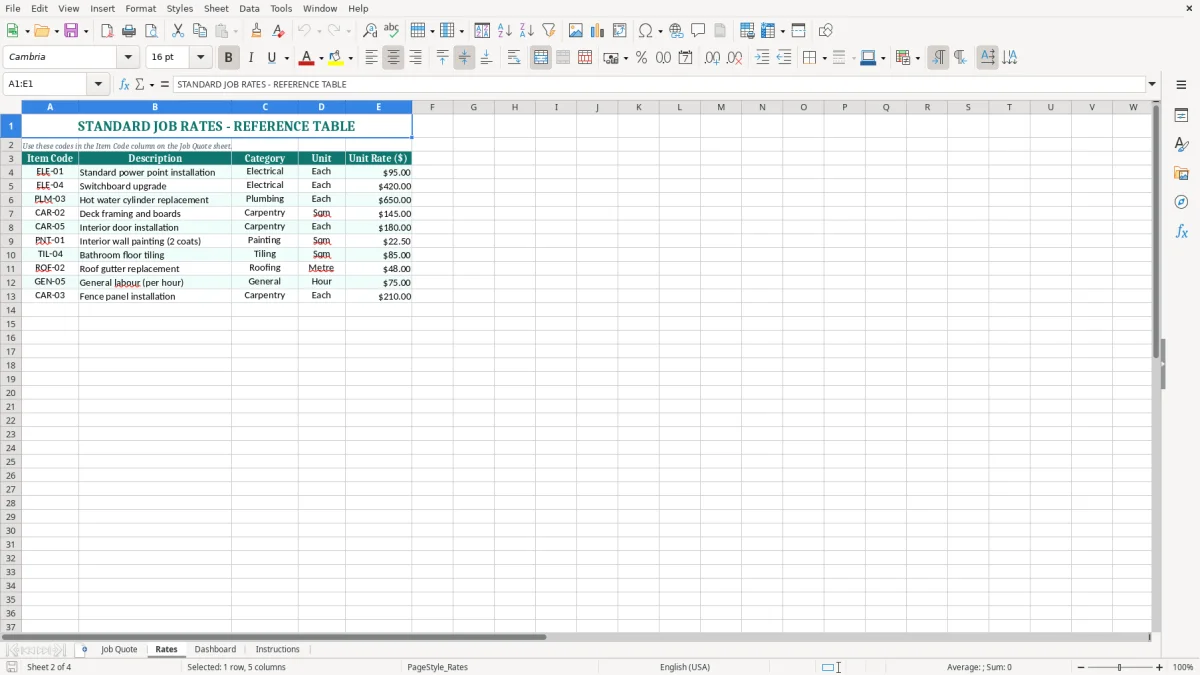 Screenshot 2: Rates tab - Excel template tradie job quote excel template nz