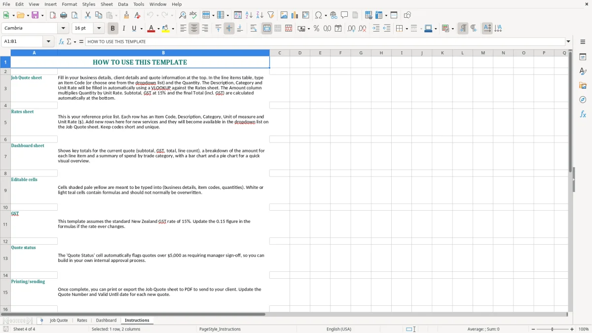 Screenshot 4: Instructions tab - Excel template tradie job quote excel template nz