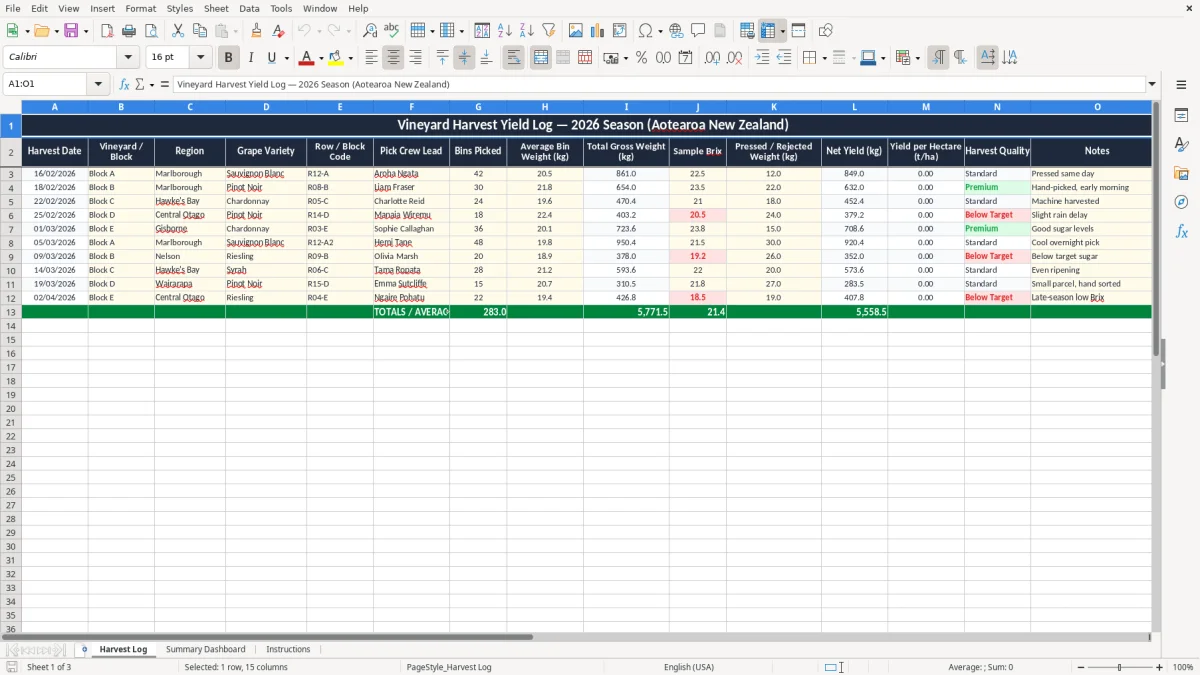 Screenshot 1: Harvest Log tab - Excel template vineyard harvest yield log excel spreadsheet nz