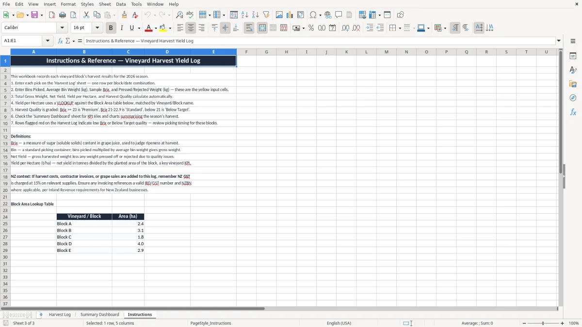 Screenshot 3: Instructions tab - Excel template vineyard harvest yield log excel spreadsheet nz