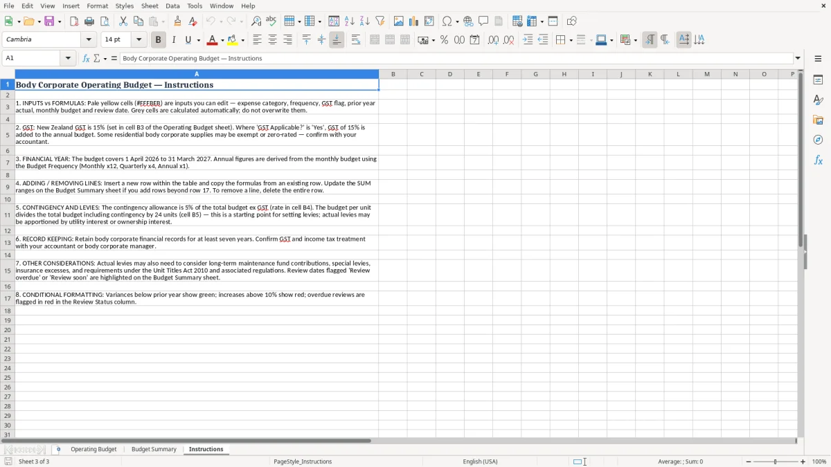 Screenshot 3: Instructions tab - Excel template body corporate operating budget excel template nz