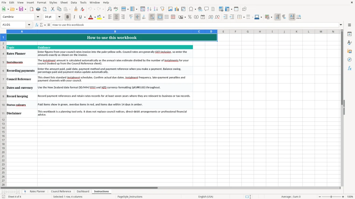 Screenshot 4: Instructions tab - Excel template council rates payment planner excel spreadsheet nz
