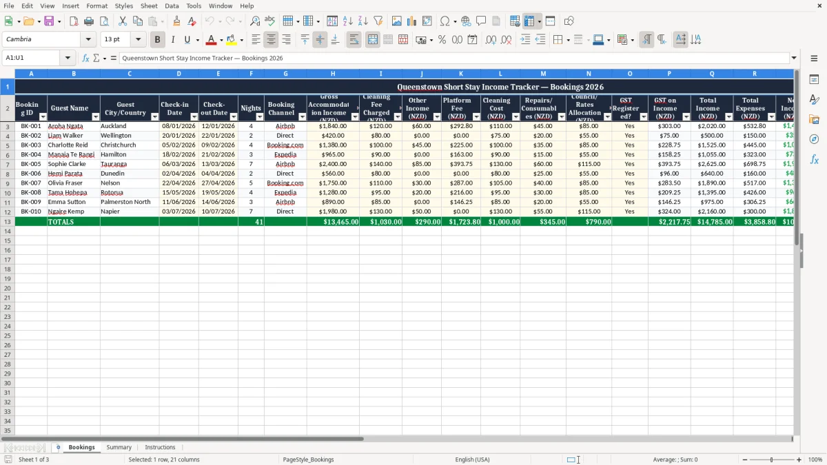 Screenshot 1: Bookings tab - Excel template queenstown short stay income tracker excel spreadsheet nz