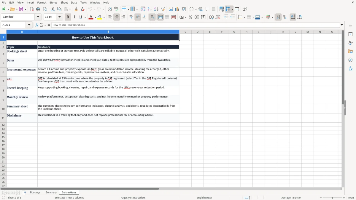 Screenshot 3: Instructions tab - Excel template queenstown short stay income tracker excel spreadsheet nz