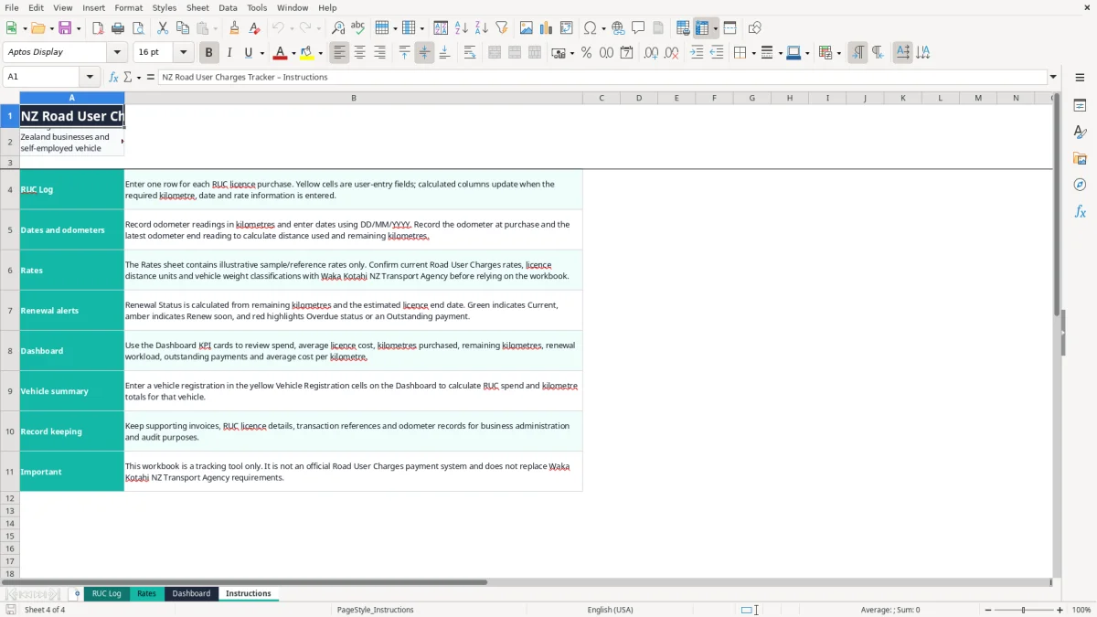 Screenshot 4: Instructions tab - Excel template road user charges ruc tracker excel spreadsheet nz