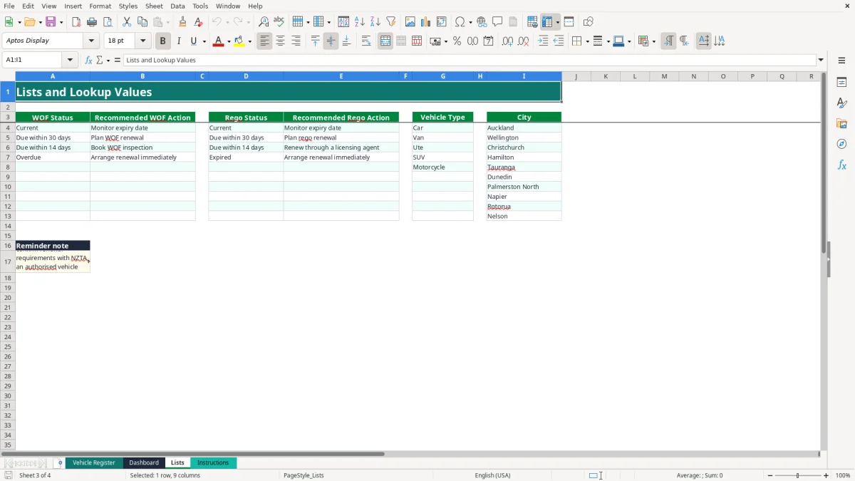 Screenshot 3: Lists tab - Excel template wof and rego reminder excel spreadsheet nz