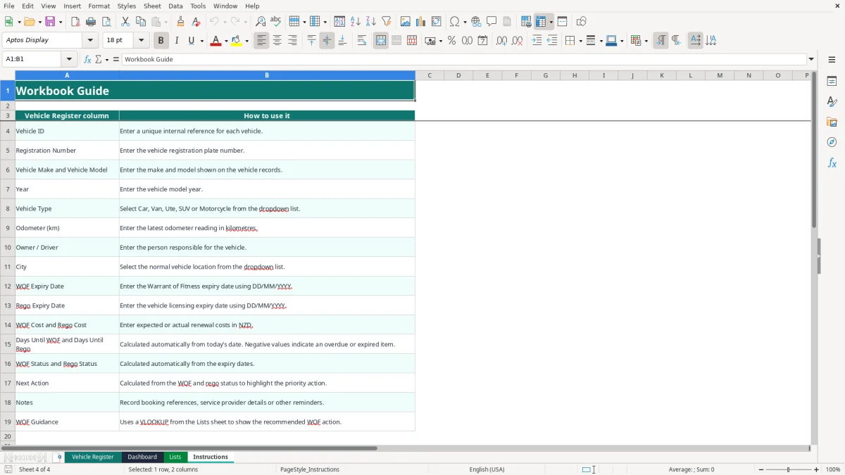 Screenshot 4: Instructions tab - Excel template wof and rego reminder excel spreadsheet nz